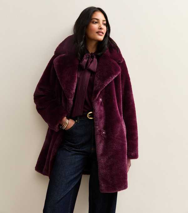 new look Burgundy Faux Fur Midi Coat