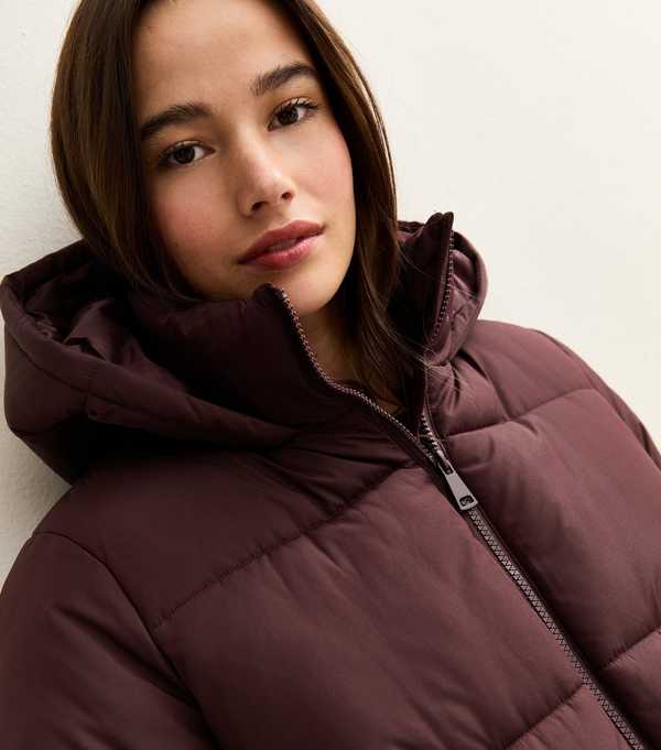 New Look Burgundy Hooded Cropped Puffer Jacket