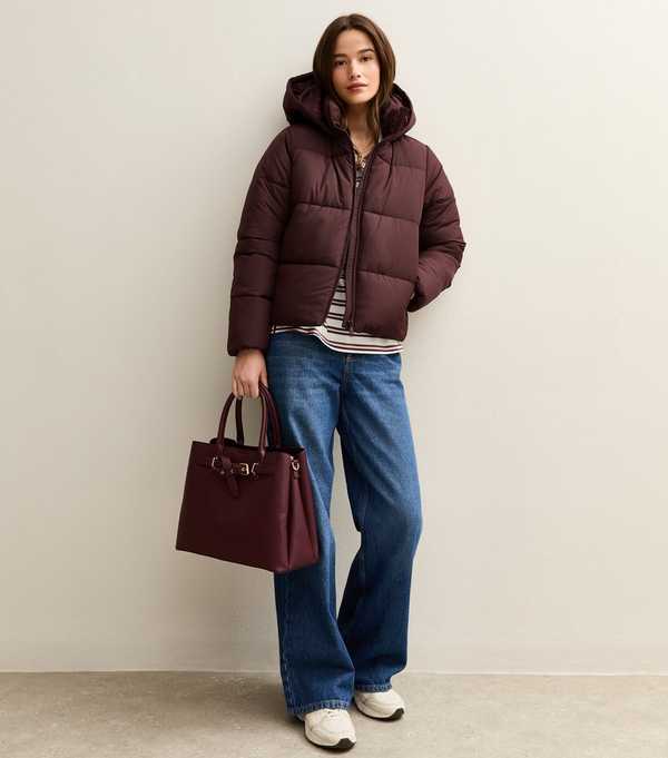 New Look Burgundy Hooded Cropped Puffer Jacket