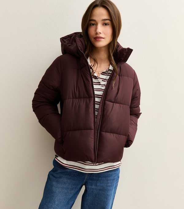 new look Burgundy Hooded Cropped Puffer Jacket