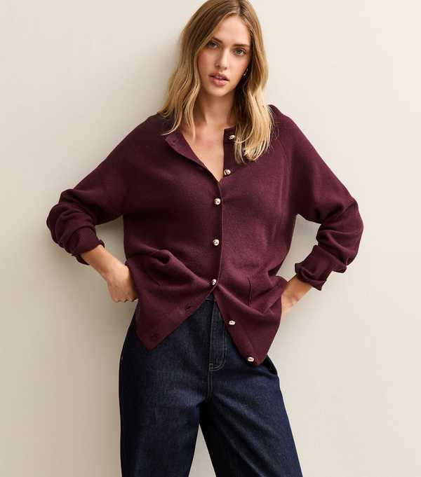 New Look Burgundy Longline Crew Neck Cardigan