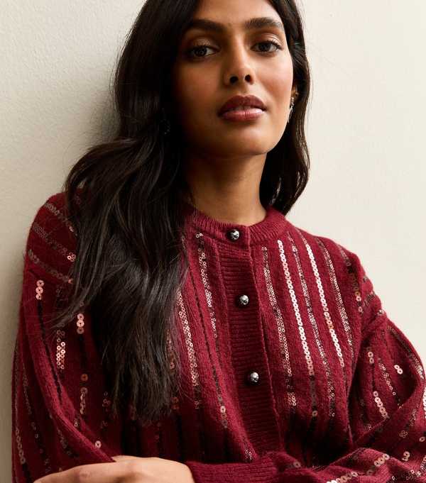New Look Burgundy Sequin Embellished Cardigan