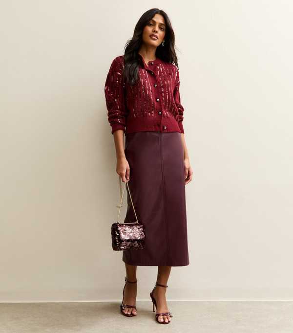 New Look Burgundy Sequin Embellished Cardigan