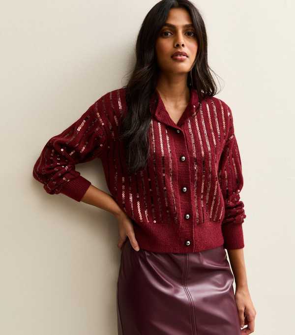 new look Burgundy Sequin Embellished Cardigan