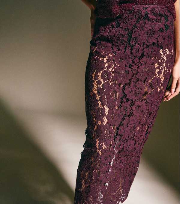 New Look Burgundy Sheer Lace Midi Skirt