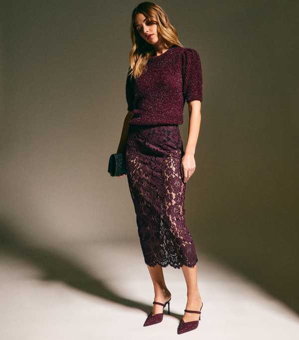 New Look Burgundy Sheer Lace Midi Skirt