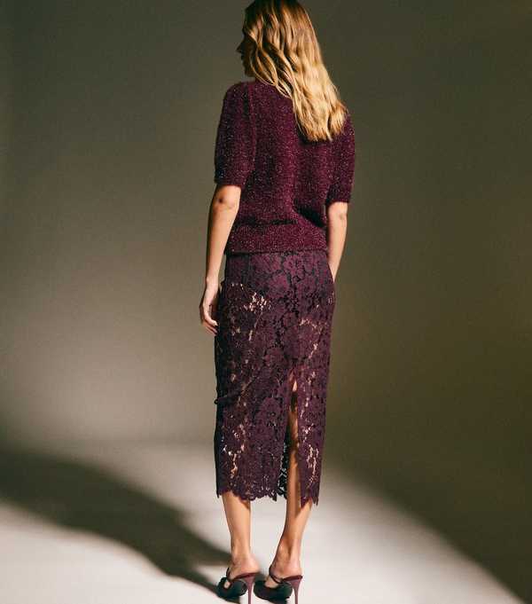 New Look Burgundy Sheer Lace Midi Skirt