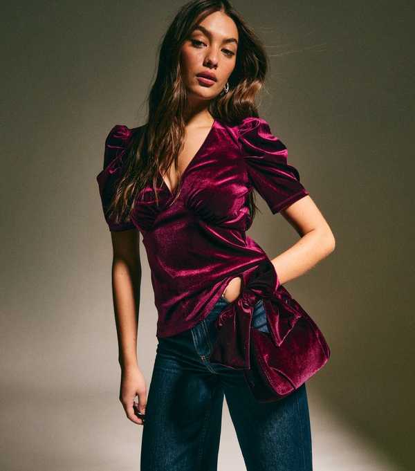 New Look Burgundy Velvet Bow Grab Bag