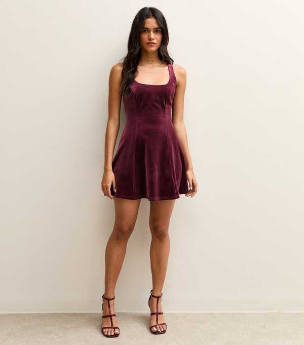 New Look Burgundy Velvet Fit And Flare Mini Dress