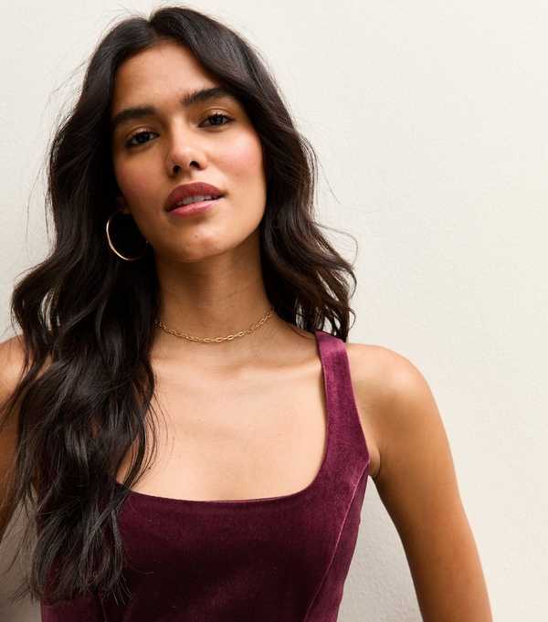 New Look Burgundy Velvet Fit And Flare Mini Dress