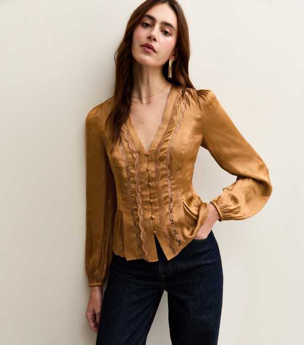 new look Burnt Orange Satin Lace Trim Blouse