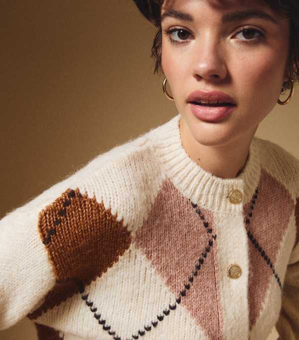 New Look Cream Argyle Crew Neck Cardigan