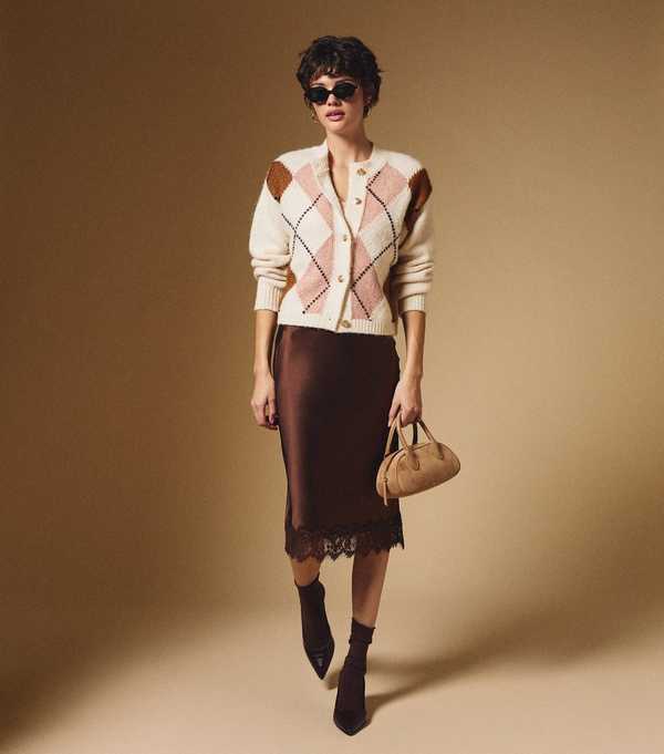 New Look Cream Argyle Crew Neck Cardigan