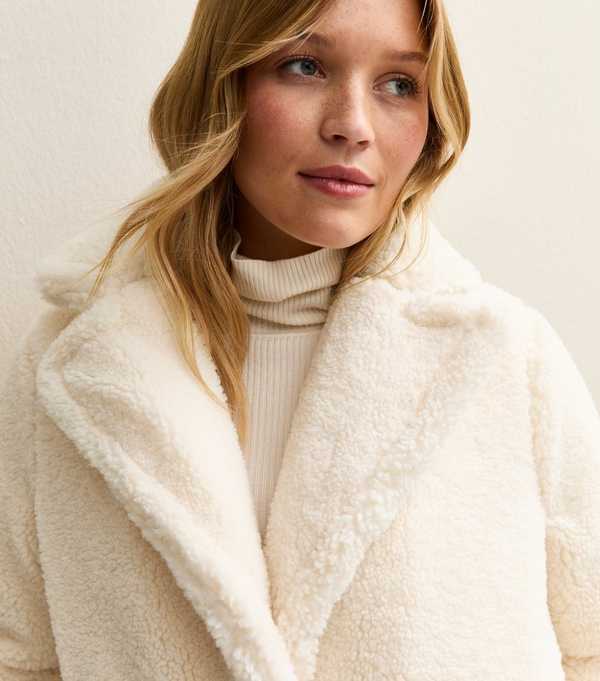 New Look Cream Collared Long Sleeve Borg Coat