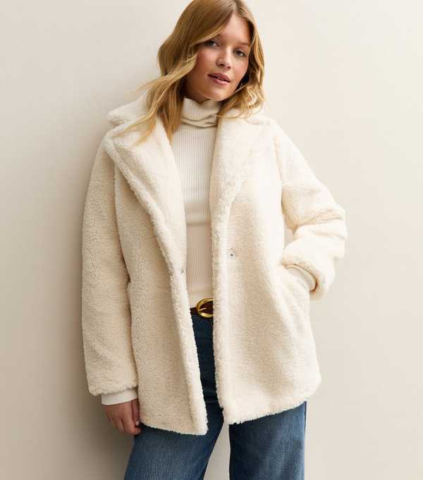 new look Cream Collared Long Sleeve Borg Coat