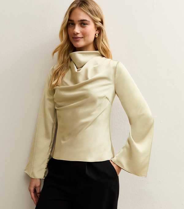 new look Cream Satin Cowl Neck Long Sleeve Top