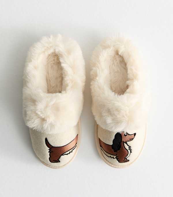New Look Cream Sausage Dog Embroidered Slippers