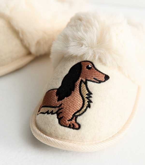New Look Cream Sausage Dog Embroidered Slippers