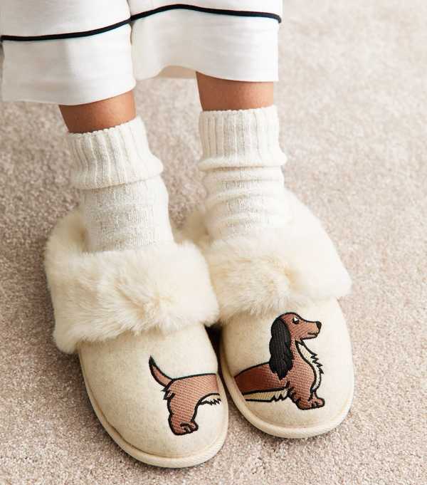 new look Cream Sausage Dog Embroidered Slippers