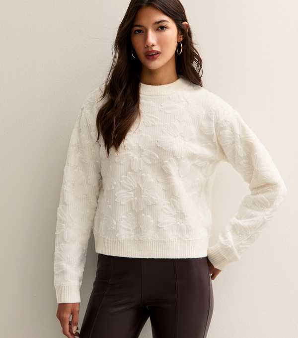 New Look Cream Sequin Flower Crew Neck Jumper