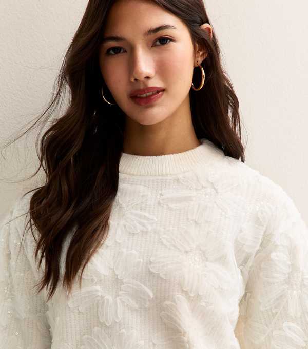 new look Cream Sequin Flower Crew Neck Jumper