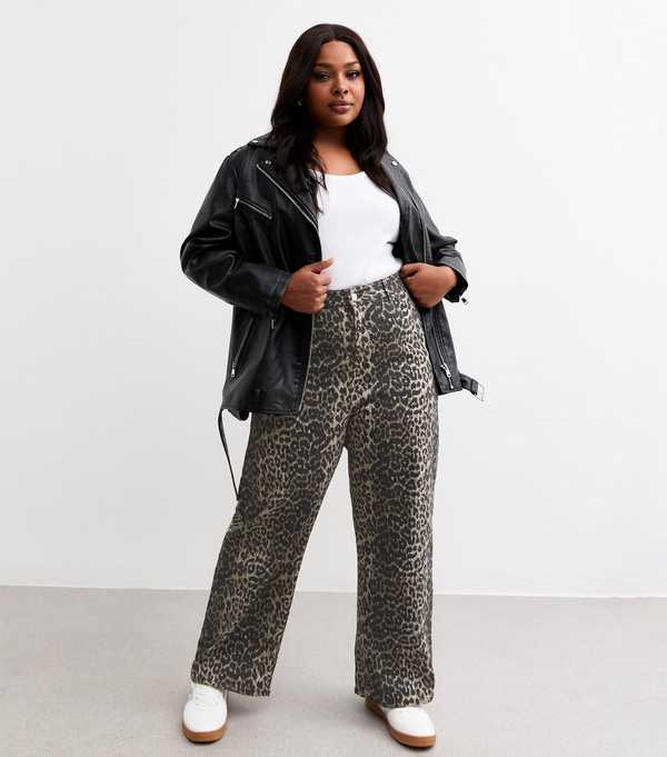 new look Curves Brown Leopard Print Wide Leg Jeans