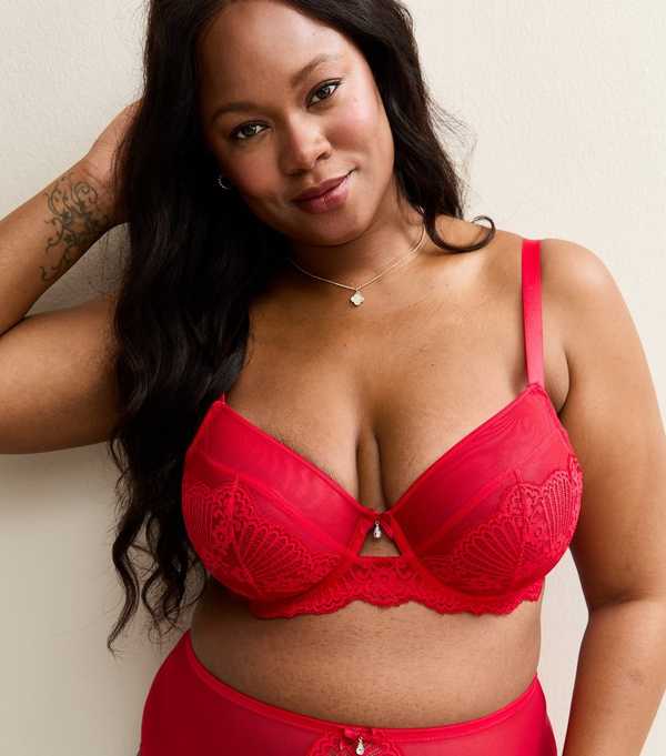 new look Curves Red Floral Lace Non Padded Bra