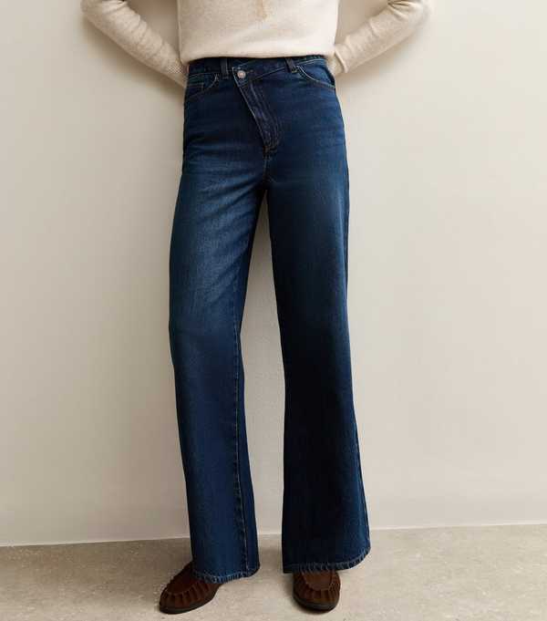 New Look Dark Blue Crossover Fly Wide Leg Jeans