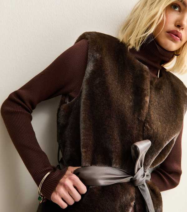 New Look Dark Brown Faux Fur Belted Gilet