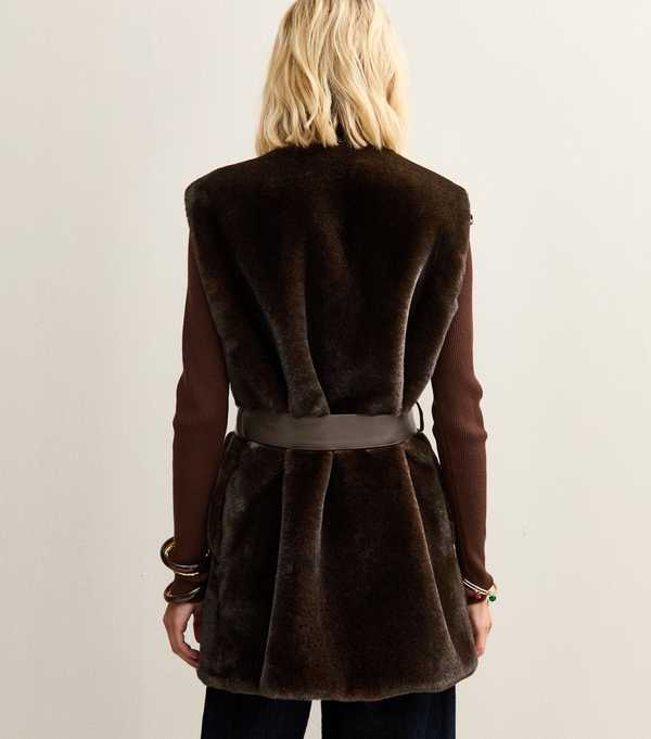 New Look Dark Brown Faux Fur Belted Gilet
