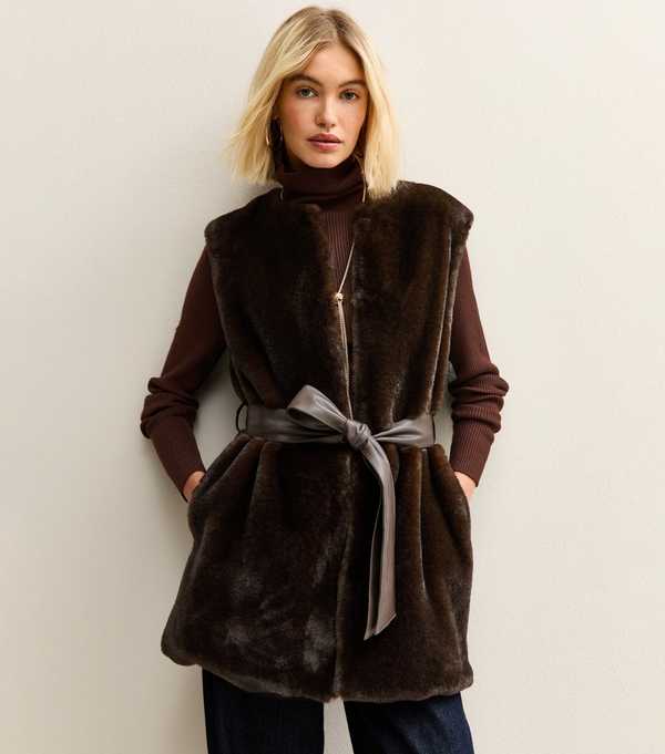 new look Dark Brown Faux Fur Belted Gilet