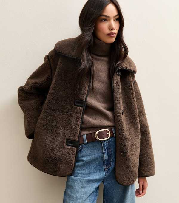 New Look Dark Brown Faux Fur Borg Bonded Jacket