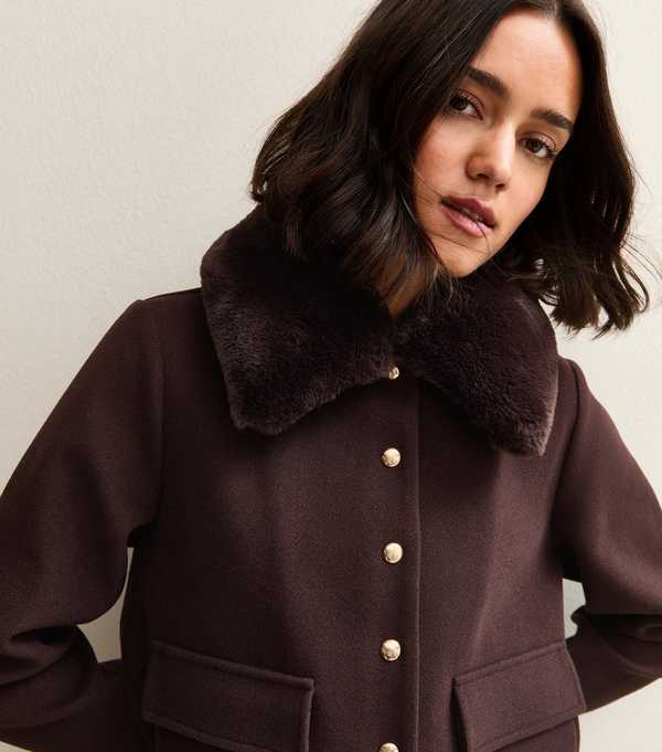 New Look Dark Brown Faux Fur Collar Short Shacket