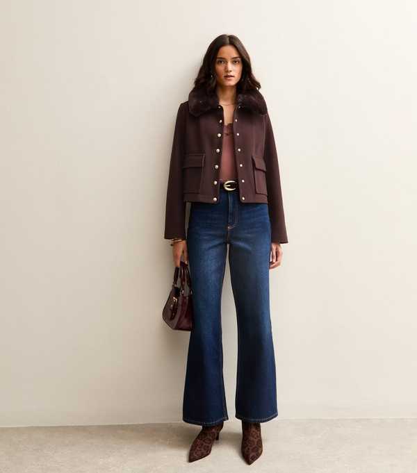 New Look Dark Brown Faux Fur Collar Short Shacket