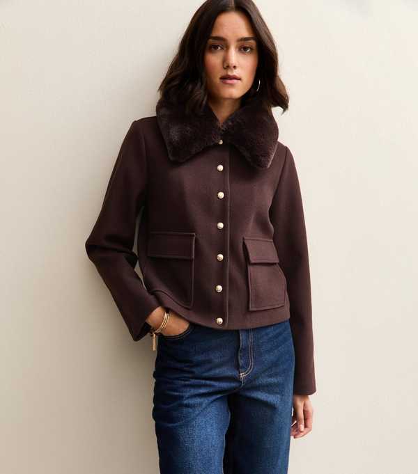 new look Dark Brown Faux Fur Collar Short Shacket