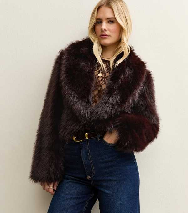 New Look Dark Brown Faux Fur Shawl Collar Jacket