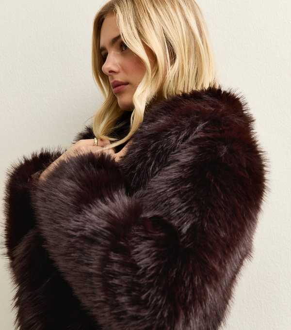 New Look Dark Brown Faux Fur Shawl Collar Jacket