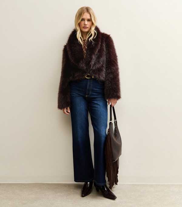 New Look Dark Brown Faux Fur Shawl Collar Jacket