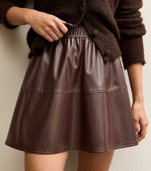 New Look Dark Brown Faux Leather A-Line Mini Skirt