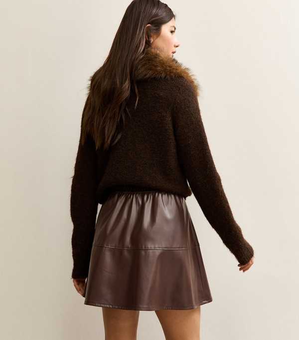 New Look Dark Brown Faux Leather A-Line Mini Skirt