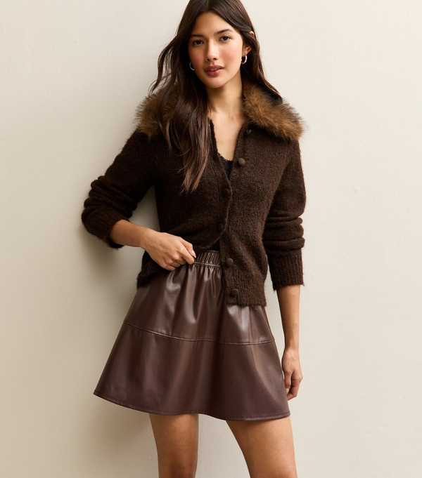 new look Dark Brown Faux Leather A-Line Mini Skirt