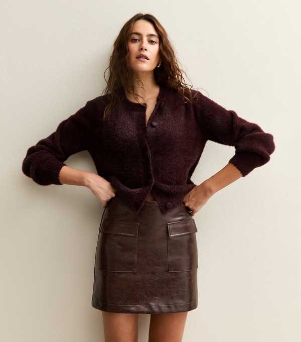 New Look Dark Brown Faux Leather Cargo Mini Skirt