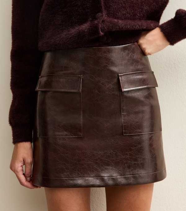New Look Dark Brown Faux Leather Cargo Mini Skirt
