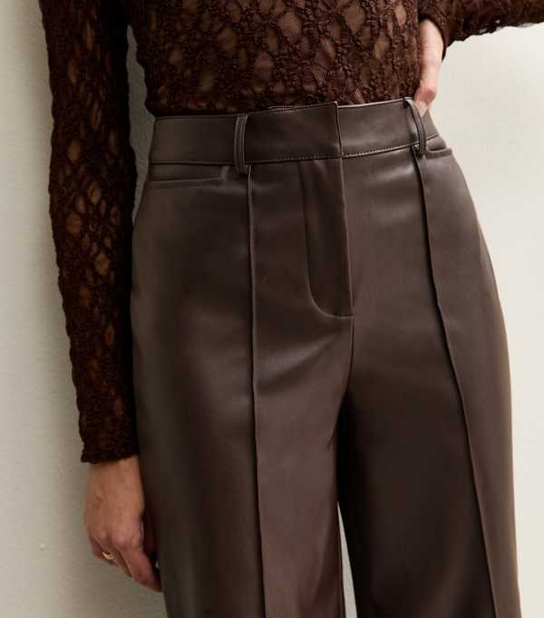 New Look Dark Brown Faux Leather Wide Leg Trousers