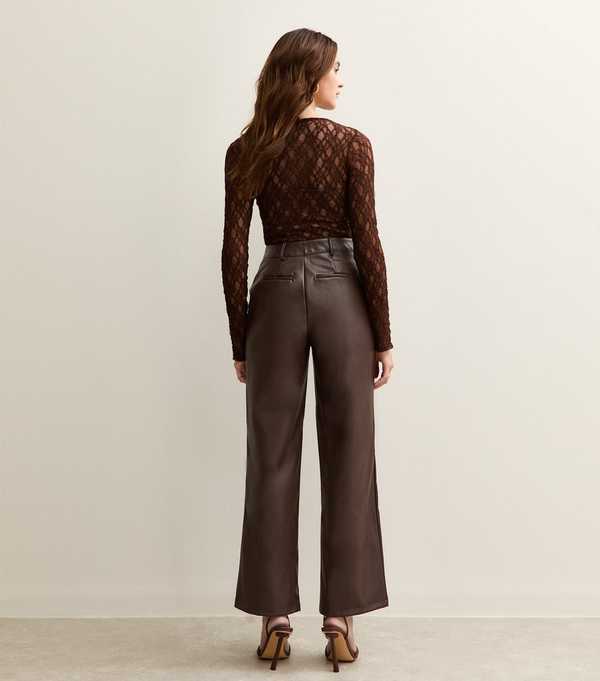 New Look Dark Brown Faux Leather Wide Leg Trousers