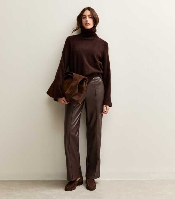 New Look Dark Brown Faux Leather Wide Leg Trousers