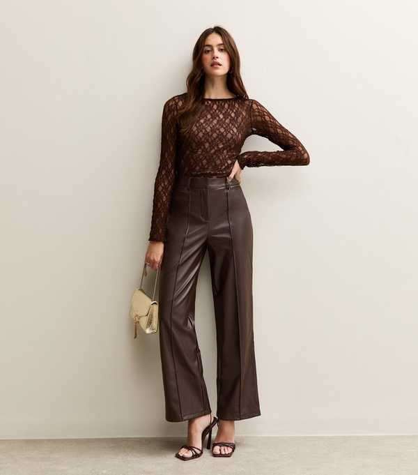 new look Dark Brown Faux Leather Wide Leg Trousers