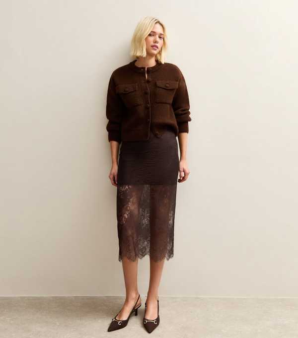 New Look Dark Brown Lace Midi Skirt