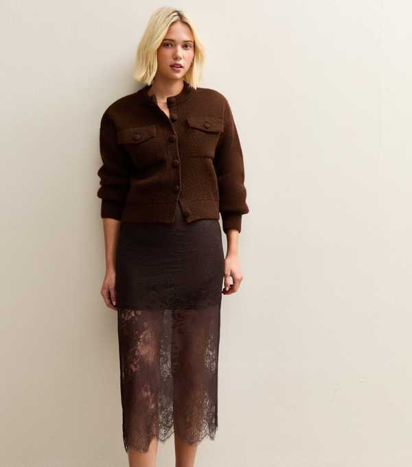New Look Dark Brown Lace Midi Skirt