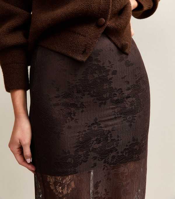New Look Dark Brown Lace Midi Skirt